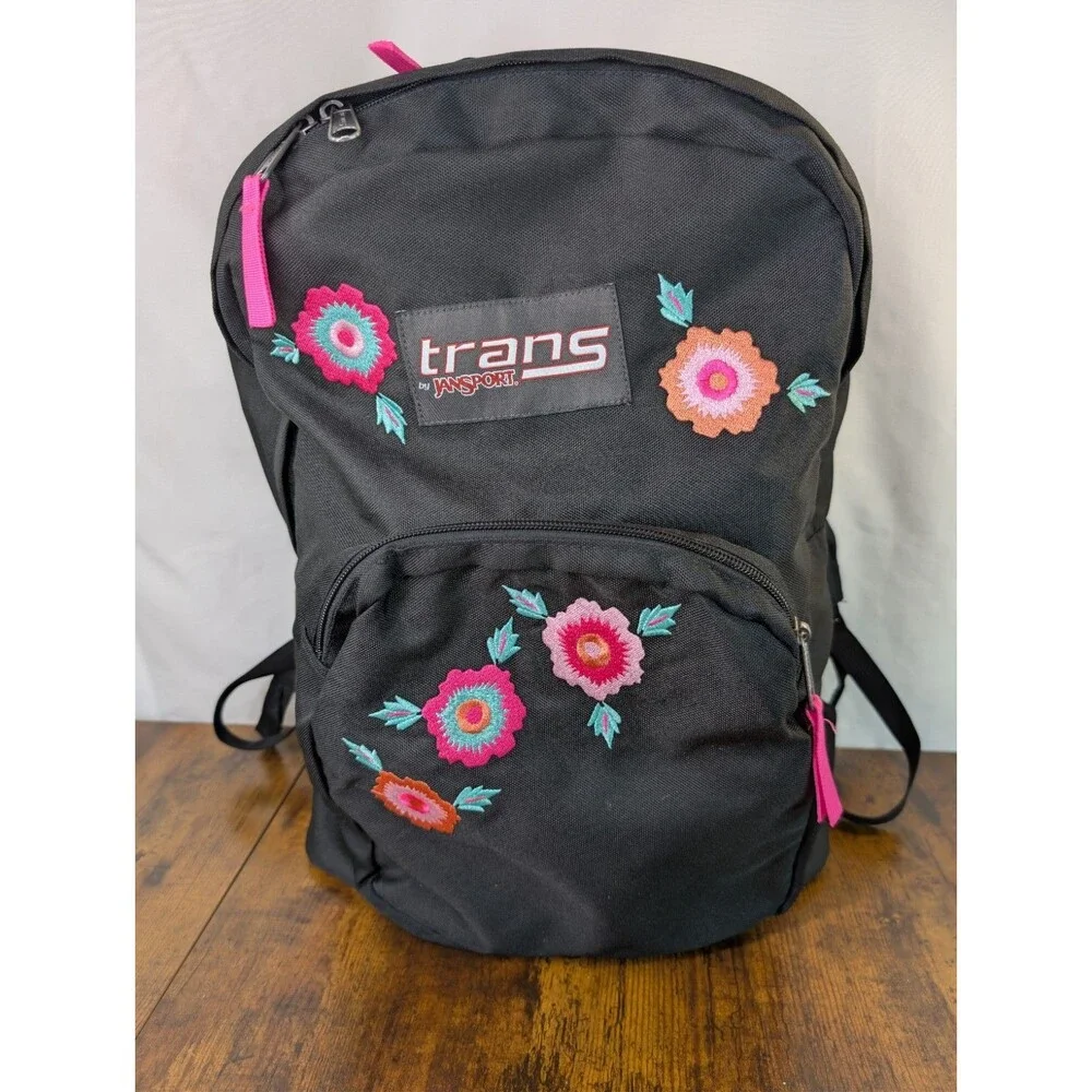 Trans By Jansport Black Pink Backpack Rosa Floral Embroidered Design